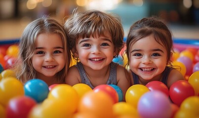 Three children playing joyfully in a colorful ball pit surrounded by bright plastic balls in an indoor play area