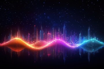 Vibrant neon waveform flowing through a glowing futuristic city skyline beneath a starry sky, evoking energy, wonder, and futuristic excitement