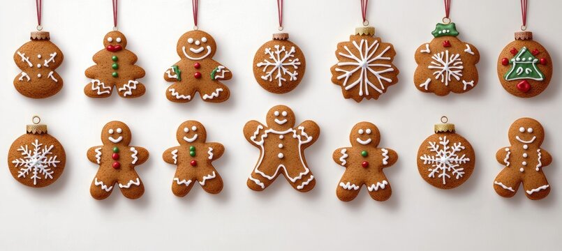 row of smiling gingerbread people and round gingerbread ornaments with white icing snowflakes and colorful candy buttons hanging on red strings against a white background, festive and cheerful