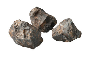 Three distinct rocks with rough surfaces and varying shapes are arranged on a clean white background. their natural textures and colors. ideal for educational or geological use
