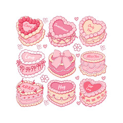 Valentines Cakes Collection Vector, Hand Drawn Vintage Retro Cake Doodle, Trendy Coquette Heart Cakes Design Vector