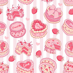 Valentines Cakes Seamless Pattern, Vintage Retro Cake Digital Paper, Trendy Pink Valentine Fabric, Coquette Heart Cakes Repeat Pattern Design Vector