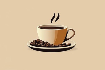 Steaming cup of black coffee on a saucer with scattered coffee beans on a warm beige background, cozy inviting morning aroma and comfort