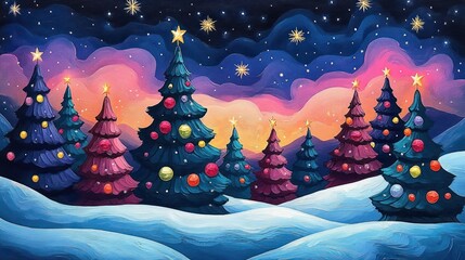 Whimsical snowy landscape of decorated evergreen trees with colorful ornaments and star toppers on rolling snow hills beneath a glowing multicolored aurora and starry night sky, joyful and magical