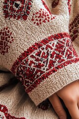 Close-up of a hand resting in a cozy beige knit sweater with red and black folk geometric patterns, evoking warmth and comfort