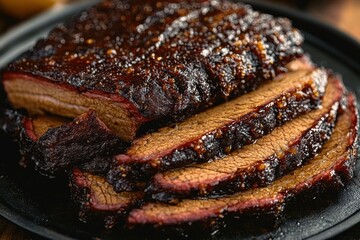 Sliced smoked beef brisket with dark bark and glossy barbecue glaze on a black plate, juicy and savory