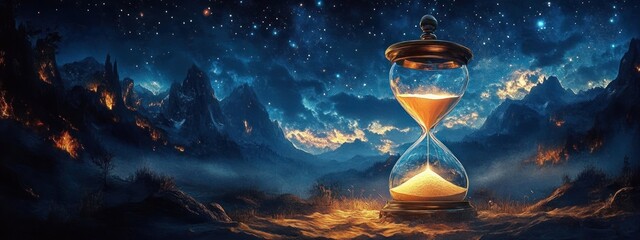 Giant glowing hourglass of golden sand in a misty mountain valley under a star-filled cosmic night sky, evoking awe and the mysterious passage of time