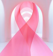 translucent flowing pink ribbon winding through a luminous white arched corridor, minimal pastel interior evoking calm hopeful serenity