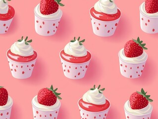 seamless pattern of strawberry topped cupcakes in polka dot cups with whipped cream on pink background, cheerful and playful