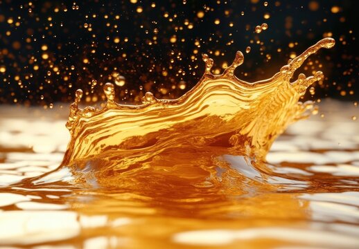 golden amber liquid crown splash with suspended droplets over reflective surface and warm bokeh, dynamic energetic luxurious motion