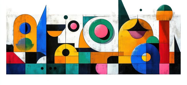 Playful colorful geometric composition of circles, semicircles, triangles and rectangles in bold teal, yellow, blue, pink and orange with textured modern skyline feel