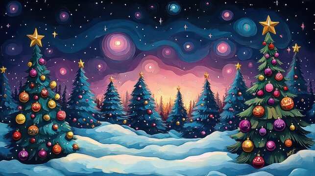 Festive snowy scene with decorated pine trees and glowing baubles under a swirling starry twilight sky, distant fir forest and a magical peaceful holiday atmosphere - Powered by Adobe