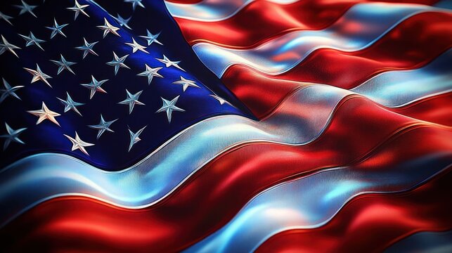 close-up of a waving american flag with glossy red white and blue satin folds, stars and stripes, evoking patriotic pride and solemn, vibrant emotion