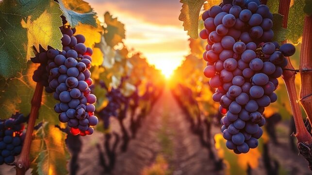 Ripe purple grape clusters hanging from vine leaves in sunlit vineyard rows at golden hour, warm peaceful abundance