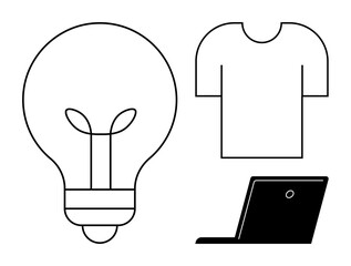 Minimalist designs of a lightbulb, t-shirt, and laptop highlight themes of creativity, fashion, and technology. Ideal for innovation, ideas, design, e-commerce lifestyle and education concepts