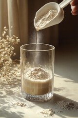 Hand sprinkling beige powdered supplement from white scoop into clear glass on sunlit countertop with dried flowers and scattered powder, cozy calm morning ritual
