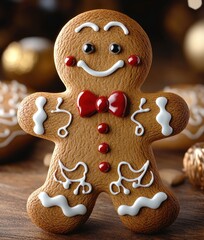 smiling decorated gingerbread cookie with white icing, red bow tie and buttons on a wooden table with warm festive bokeh background, cozy cheerful holiday mood