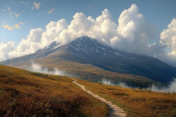 Winding dirt path through golden autumn meadow leading toward a snow-dusted mountain under towering white clouds and misty valleys, evoking serene majestic calm