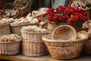 rustic market display of woven wicker baskets filled with cream decorative roses and a vibrant bouquet of red roses, warm cozy handcrafted atmosphere