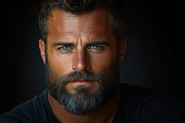 Low-key portrait of a mature man with salt-and-pepper hair and trimmed beard wearing a dark t-shirt, conveying a serious, contemplative mood