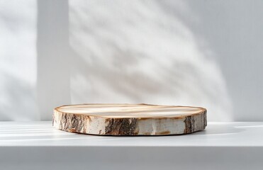 round wood slice with bark on a white table casting soft shadows, minimalist serene still life scene