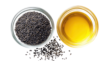Natural nigella seeds with nigella oil in a glass bowl overhead side by side on transparent background