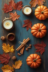 three small pumpkins with autumn leaves, cinnamon sticks, candles, nuts and acorns on a rustic wooden table evoking a warm cozy fall atmosphere