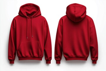 front and back views of a plain red hooded sweatshirt with drawstrings and kangaroo pocket on a clean white background, minimalist cozy casual mood