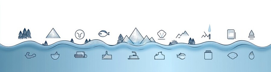 calm stylized seascape with a flowing blue wave horizon dotted with minimal line icons of mountains, trees, fish, shells, water drops, a small device and mirrored symbols below, evoking serenity