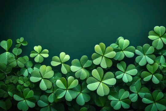 Close-up of lush green clover leaves clustered against a dark green background, evoking calm, freshness and a gentle sense of luck