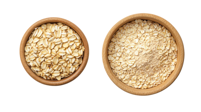 Two oval wooden bowls filled with light brown seeds isolated on transparent background