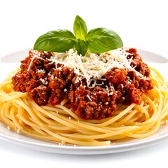 A close-up shot of a plate of spaghetti and meat sauce, topped with grated cheese and fresh basil