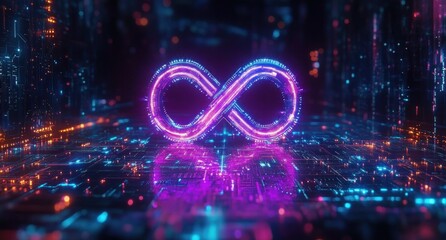 Glowing neon infinity loop hovering above a reflective digital circuit floor in a dark futuristic corridor, bathed in purple and blue light, evoking wonder and boundless energy