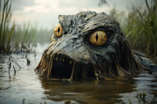 giant decayed reptilian head with glowing yellow slit eyes and jagged teeth emerging from a foggy marsh, menacing and eerie - Powered by Adobe