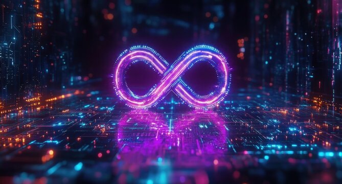 Glowing neon infinity loop hovering above a reflective digital circuit floor in a dark futuristic corridor, bathed in purple and blue light, evoking wonder and boundless energy