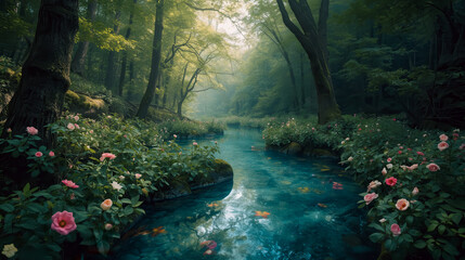 Turquoise Water River Flowing Through Lush Forest Banks Adorned With Profuse Pink Roses And Sunlight.