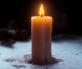 single lit pillar candle with melting wax and glowing flame on a textured surface, warm soft light against a dark background conveying quiet contemplative calm
