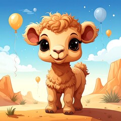 A cute, cartoon camel with big eyes and a friendly smile. Balloons float above a desert landscape