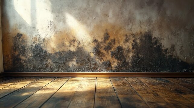 eerie sunlit empty room with wooden floor and mold-stained plaster wall showing damp decay and peeling paint