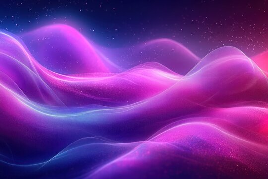 dreamy glowing undulating waves of pink purple and blue with sparkling stars, an ethereal abstract flowing landscape evoking calm wonder