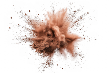 A explosion of brown powder against a white background. capturing the dynamic movement and texture of the dust cloud. ideal for creative projects or food-related imagery