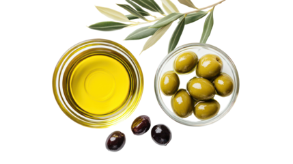 Fresh olive oil and olives with branch isolated on transparent background