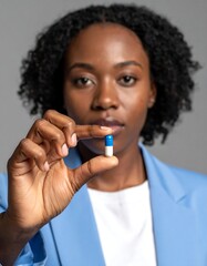 A focused Black woman with curly hair, in a light blue jacket, holds a blue and white capsule between her fingers, looking towards the camera