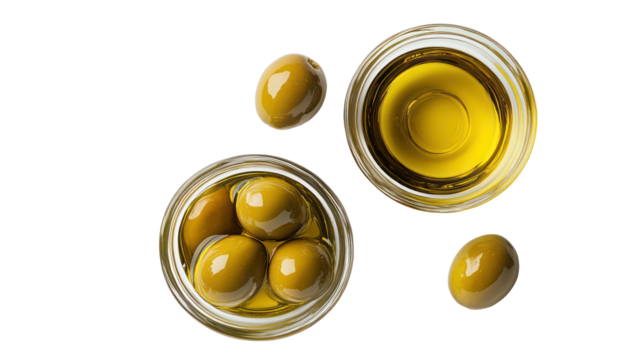 Green olives and olive oil in glass containers isolated on transparent background