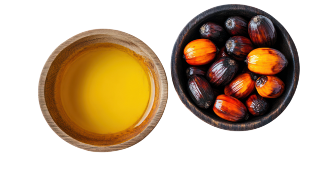 Natural palm fruit with palm oil in a bowl overhead side by side on transparent background