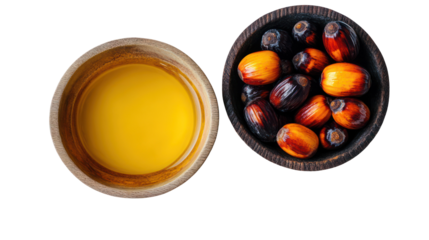Natural palm fruit with palm oil in a bowl overhead side by side on transparent background