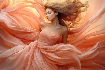 Woman in flowing peach strapless gown with bare shoulders, swirling fabric and wind-swept hair conveying dreamy, graceful and ethereal emotion
