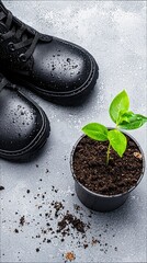 A pair of black boots with water droplets sits beside a potted plant with soil spilled on a grey textured background.