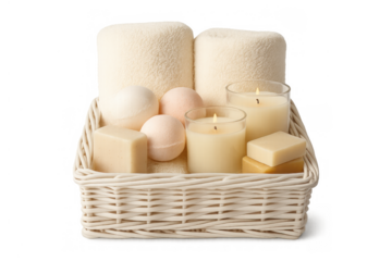 Spa wellness items in a wicker basket offering relaxation and self-care essentials on transparent background