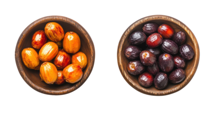 Natural palm fruit with palm oil in a bowl overhead side by side on transparent background